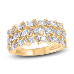 Brown & White Diamond Ring 1 ct tw Round/Baguette 14K Yellow Gold