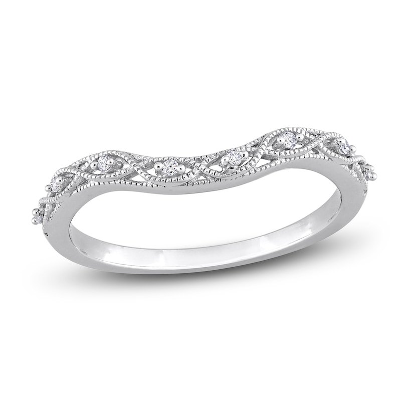 Main Image 1 of Milgrain Contour Wedding Band Diamond Accents 14K White Gold