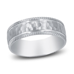 Men's Hammered Milgrain Wedding Band 14K White Gold 7mm