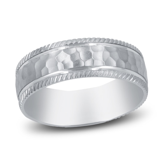 Men's Hammered Milgrain Wedding Band 14K White Gold 7mm
