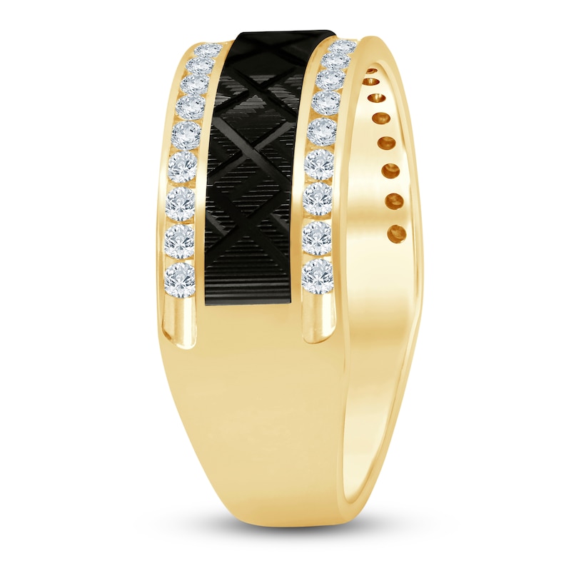 Main Image 2 of Men's Certified Diamond Black Pattern Wedding Band 1/2 ct tw 14K Yellow Gold