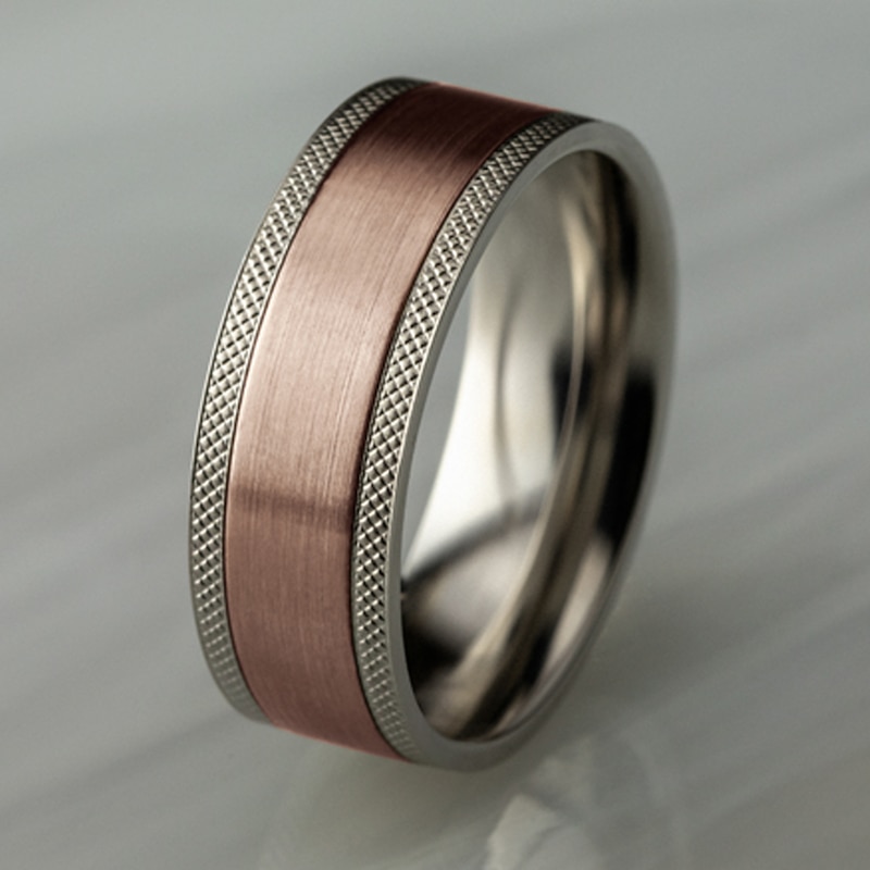 Main Image 4 of Men's Knurled Comfort-Fit Wedding Band 8mm 14K Two-Tone Gold