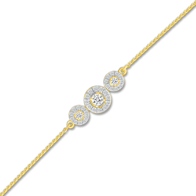 Main Image 2 of Diamond Three-Stone Halo Wheat Chain Bracelet 1/3 ct tw 10K Yellow Gold 7.5"