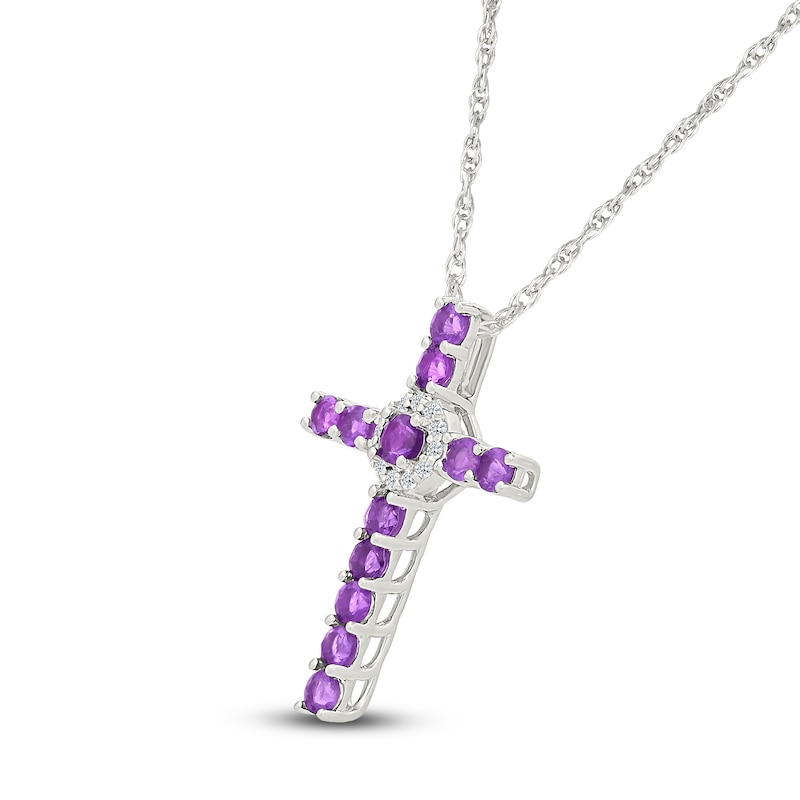 Main Image 2 of Natural Amethyst & White Lab-Created Sapphire Cross Necklace Sterling Silver 18"