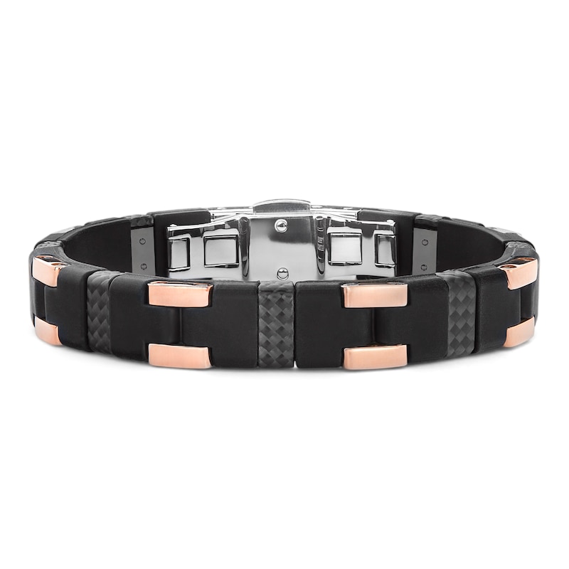 Main Image 1 of Baraka Men's Carbon Fiber & Rubber Bracelet Sterling Silver & 18K Rose Gold 8.25"
