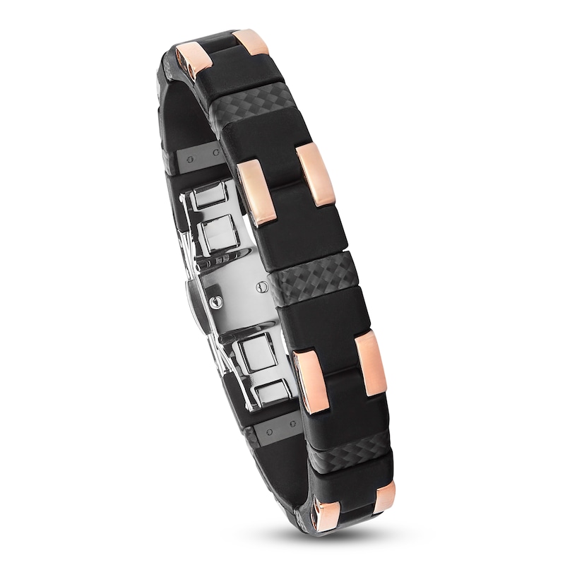 Main Image 6 of Baraka Men's Carbon Fiber & Rubber Bracelet Sterling Silver & 18K Rose Gold 8.25"
