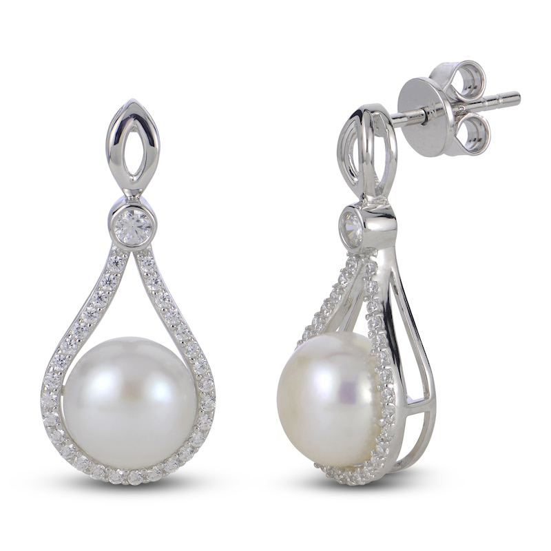 Main Image 1 of Cultured Pearl and White Lab-Created Sapphire Drop Earrings Sterling Silver