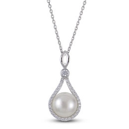 Cultured Pearl & White Lab-Created Sapphire Drop Necklace Sterling Silver 18"