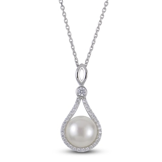 Cultured Pearl & White Lab-Created Sapphire Drop Necklace Sterling Silver 18"