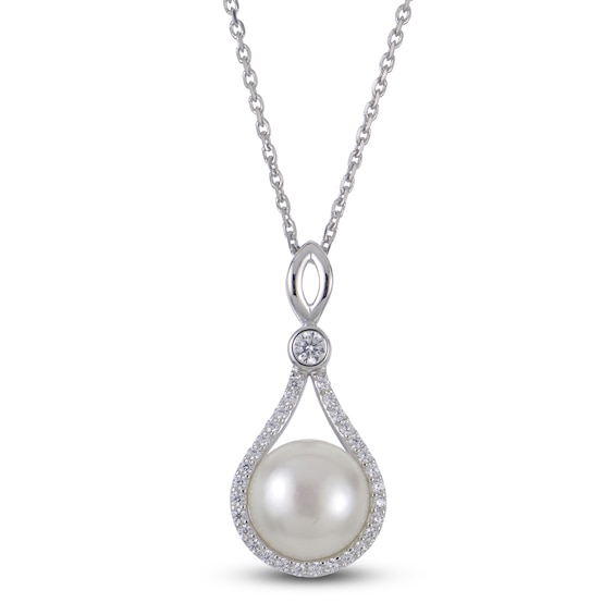 Cultured Pearl & White Lab-Created Sapphire Drop Necklace Sterling Silver 18"