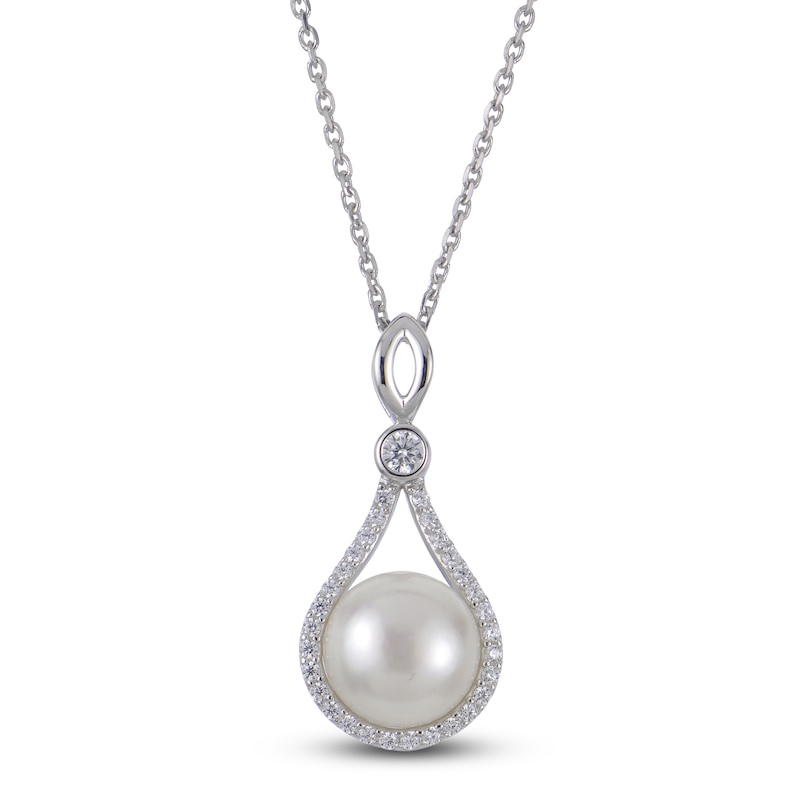 Main Image 1 of Cultured Pearl & White Lab-Created Sapphire Drop Necklace Sterling Silver 18"