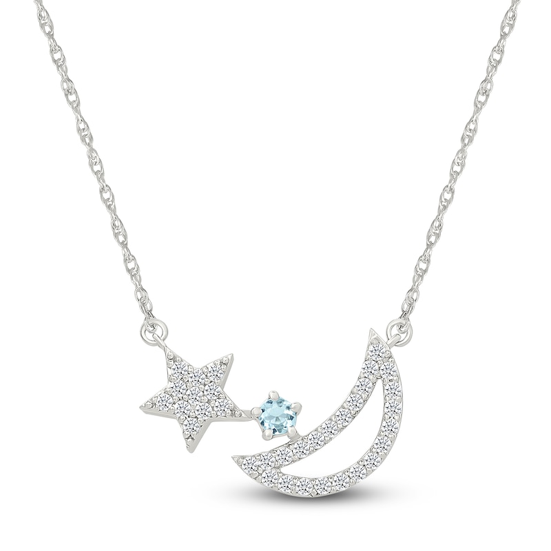 Main Image 1 of Natural Aquamarine & White Lab-Created Sapphire Moon & Star Necklace Sterling Silver 18"