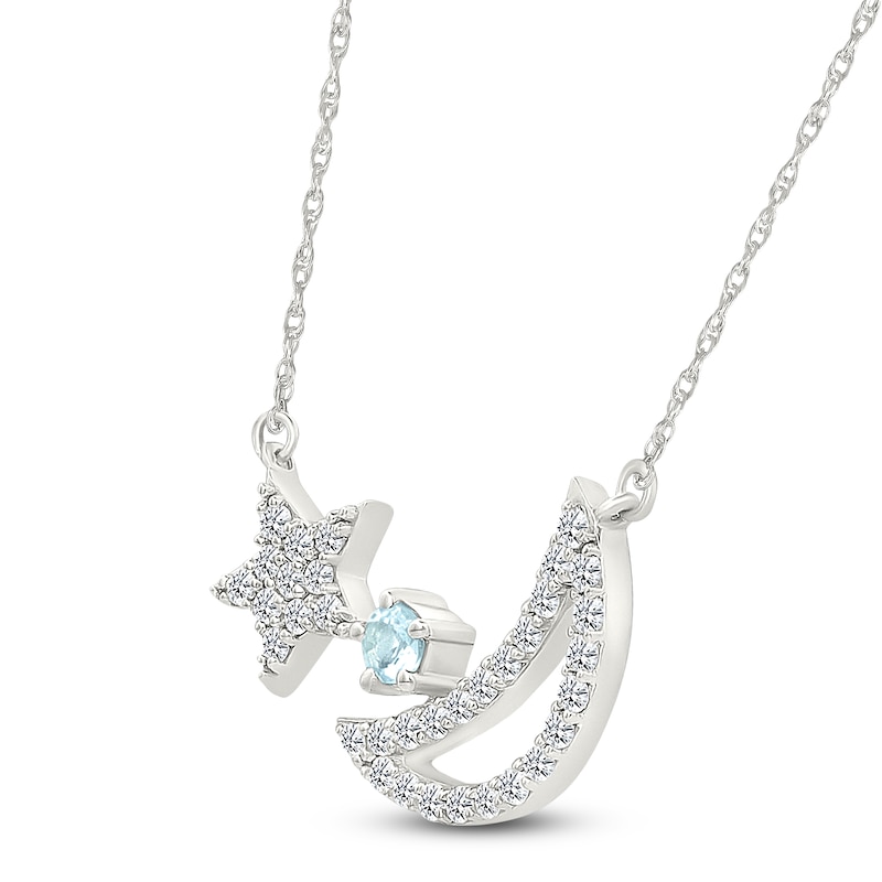 Main Image 2 of Natural Aquamarine & White Lab-Created Sapphire Moon & Star Necklace Sterling Silver 18"