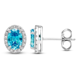 Oval-Cut Natural Swiss Blue Topaz & White Lab-Created Sapphire Halo Stud Earrings Sterling Silver