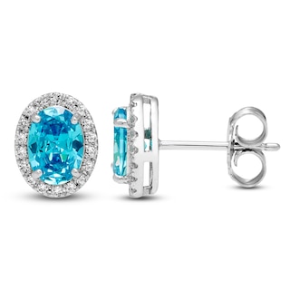 Oval-Cut Natural Swiss Blue Topaz & White Lab-Created Sapphire Halo Stud Earrings Sterling Silver
