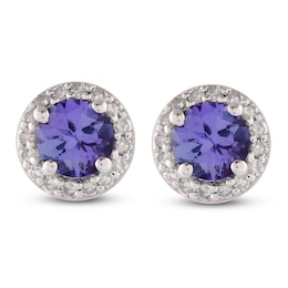Natural Tanzanite & Diamond Halo Stud Earrings 1/8 ct tw 10K White Gold