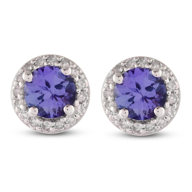 Main Image 1 of Natural Tanzanite & Diamond Halo Stud Earrings 1/8 ct tw 10K White Gold