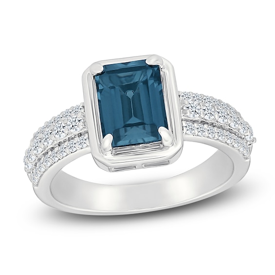 Rectangle-Cut Natural London Blue Topaz & Diamond Ring 3/8 ct tw 10K White Gold
