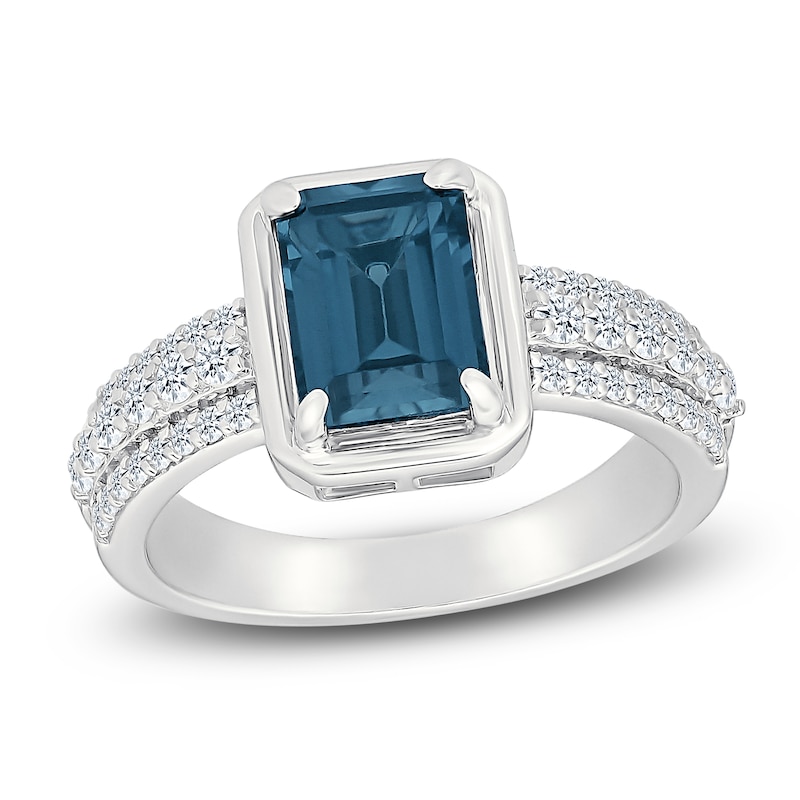 Main Image 1 of Rectangle-Cut Natural London Blue Topaz & Diamond Ring 3/8 ct tw 10K White Gold