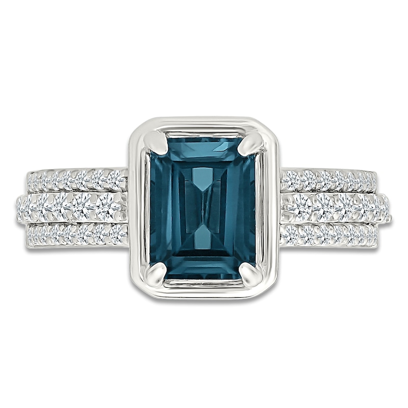 Main Image 3 of Rectangle-Cut Natural London Blue Topaz & Diamond Ring 3/8 ct tw 10K White Gold