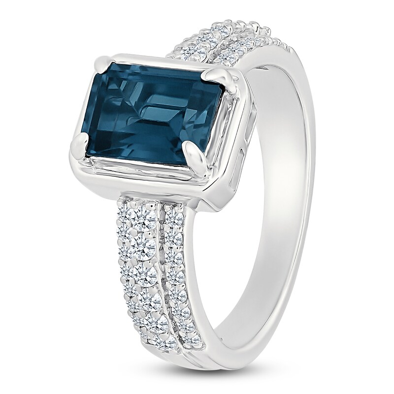 Main Image 4 of Rectangle-Cut Natural London Blue Topaz & Diamond Ring 3/8 ct tw 10K White Gold