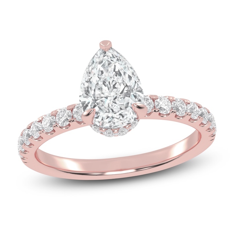 Main Image 1 of Pear-Shaped Lab-Grown Diamond Hidden Halo Engagement Ring 1-1/2 ct tw 14K Rose Gold