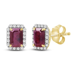 Rectangle-Cut Natural Ruby & Diamond Halo Earrings 1/5 ct tw 14K Yellow Gold