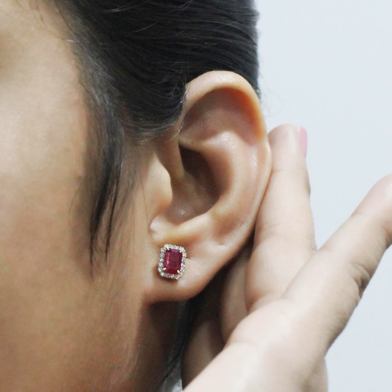 Main Image 3 of Rectangle-Cut Natural Ruby & Diamond Halo Earrings 1/5 ct tw 14K Yellow Gold
