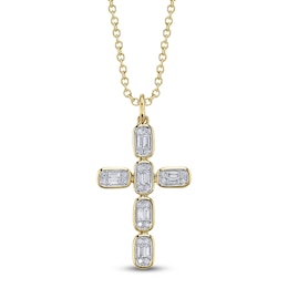 Shy Creation Baguette & Round-Cut Multi-Diamond Cross Necklace 1/4 ct tw 14K Yellow Gold 18" SC55027791RD