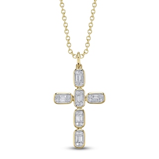 Shy Creation Baguette & Round-Cut Multi-Diamond Cross Necklace 1/4 ct tw 14K Yellow Gold 18" SC55027791RD