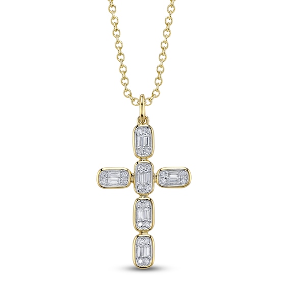 Shy Creation Baguette & Round-Cut Multi-Diamond Cross Necklace 1/4 ct tw 14K Yellow Gold 18" SC55027791RD