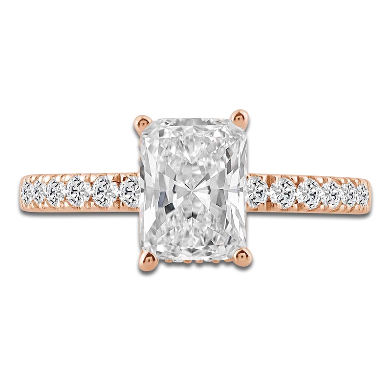 Main Image 3 of Radiant-Cut Lab-Grown Diamond Hidden Halo Engagement Ring 2-1/2 ct tw 14K Rose Gold