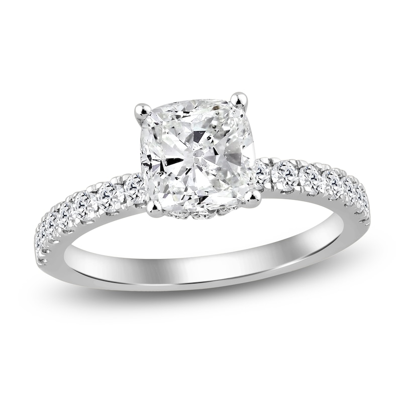Main Image 1 of Cushion-Cut Lab-Grown Diamond Hidden Halo Engagement Ring 2-1/2 ct tw 14K White Gold