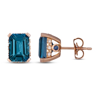 Le Vian Rectangle-Cut Natural London Blue Topaz & Blue Sapphire Hidden Halo Stud Earrings 1/10 ct tw Diamonds 14K Strawberry Gold