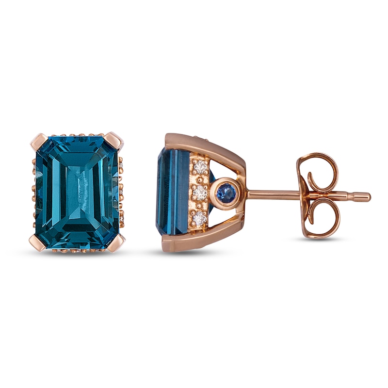 Main Image 1 of Le Vian Rectangle-Cut Natural London Blue Topaz & Blue Sapphire Hidden Halo Stud Earrings 1/10 ct tw Diamonds 14K Strawberry Gold