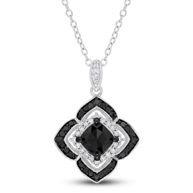 Black & White Diamond Halo Necklace 1-1/3 ct tw Round Sterling Silver 18"