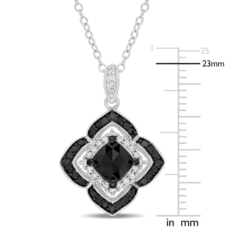 Black & White Diamond Halo Necklace 1-1/3 ct tw Round Sterling Silver 18"