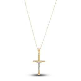 Round Angel Crucifix Pendant Necklace 14K Two-Tone Gold 13"