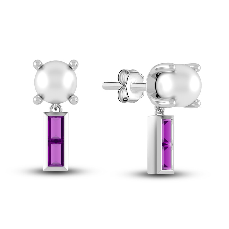 Main Image 1 of Juliette Maison Natural Amethyst Baguette and Freshwater Cultured Pearl Earrings 10K White Gold
