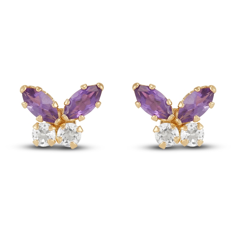 Main Image 1 of Children's Natural Amethyst & Natural White Topaz Butterfly Stud Earrings 14K Yellow Gold