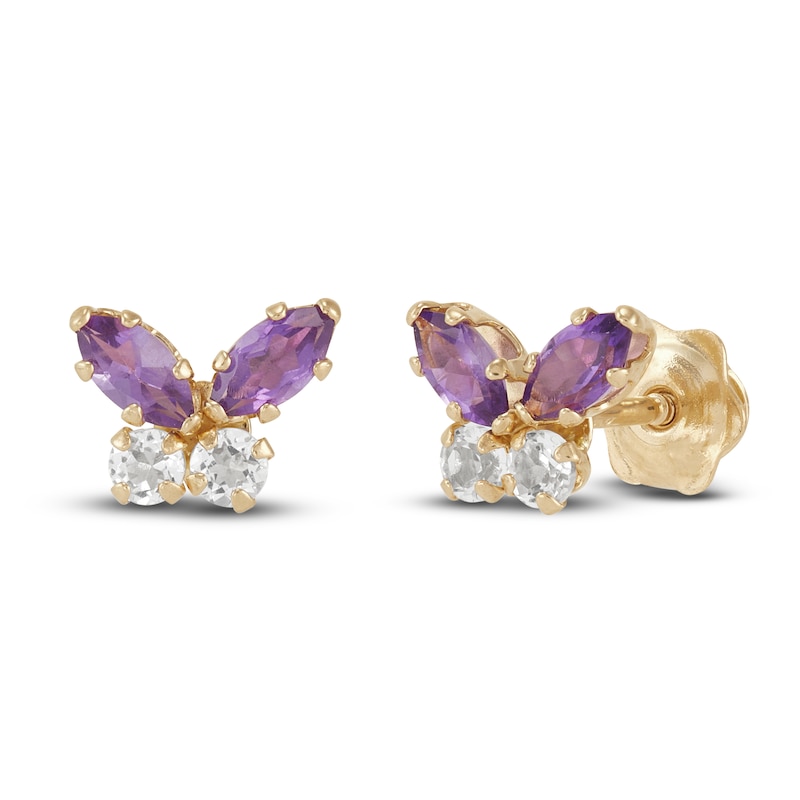 Main Image 2 of Children's Natural Amethyst & Natural White Topaz Butterfly Stud Earrings 14K Yellow Gold