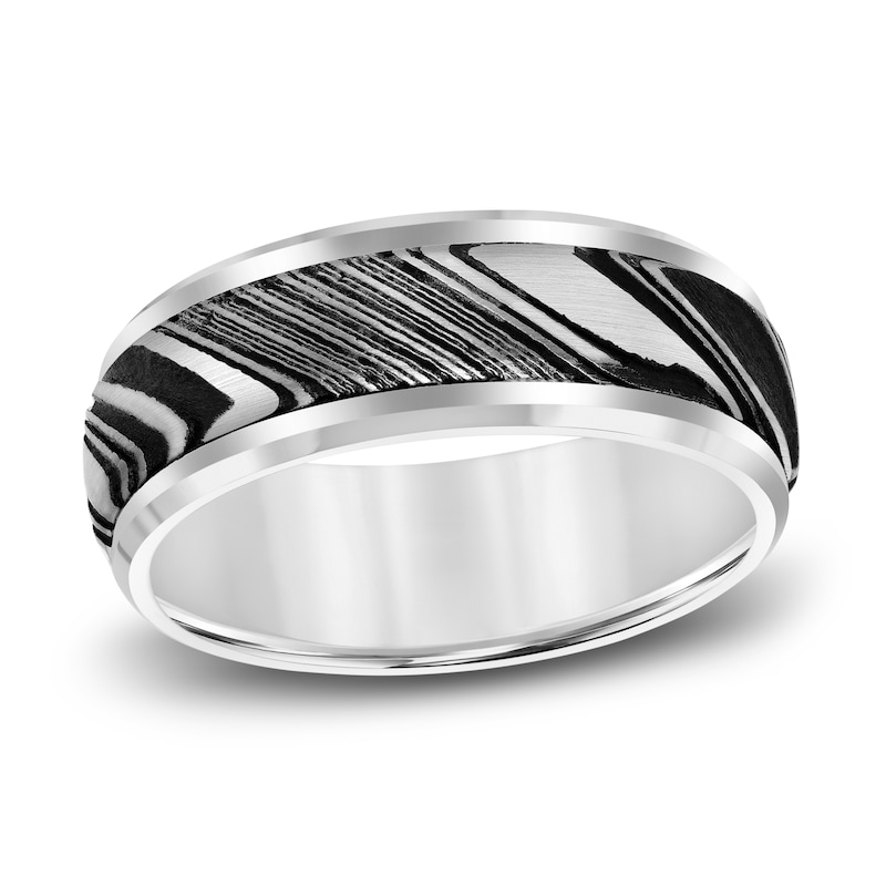 Main Image 1 of Men's Wedding Band Damascus Steel/White Tungsten 8.0mm