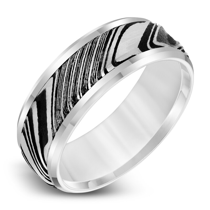 Main Image 2 of Men's Wedding Band Damascus Steel/White Tungsten 8.0mm