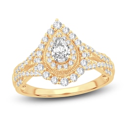 Diamond Double Halo Ring 3/4 ct tw Pear/Round 14K Yellow Gold