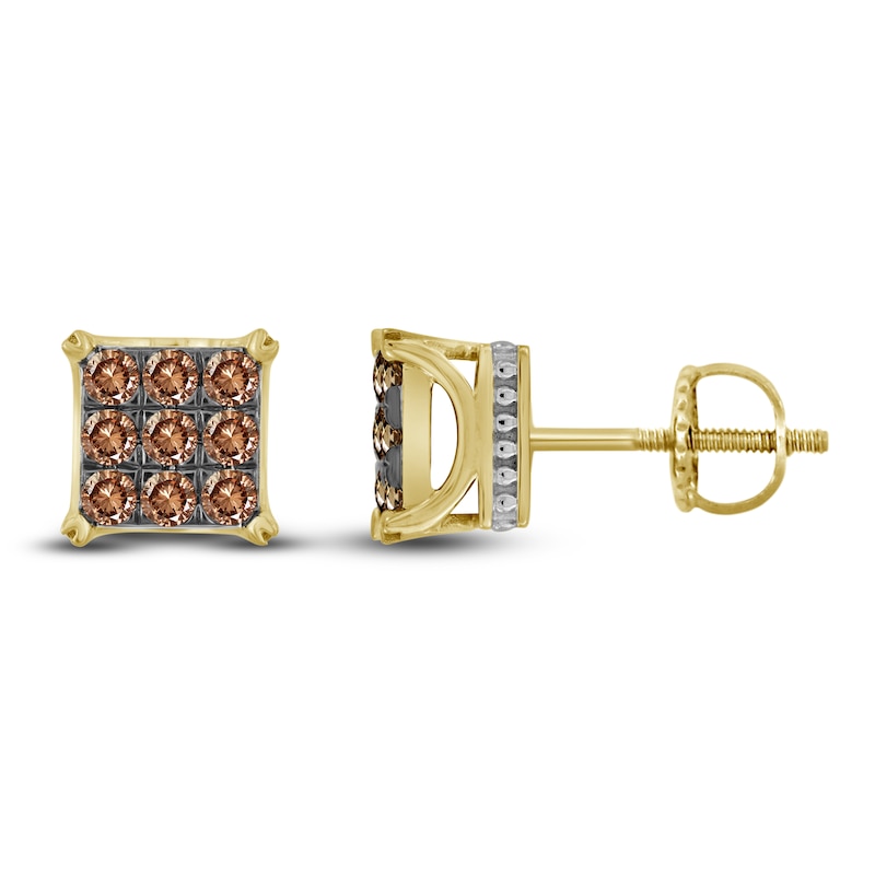 Bourbon-Colored Diamonds Men's Brown Diamond Stud Earrings 1 ct tw Round 10K Yellow Gold