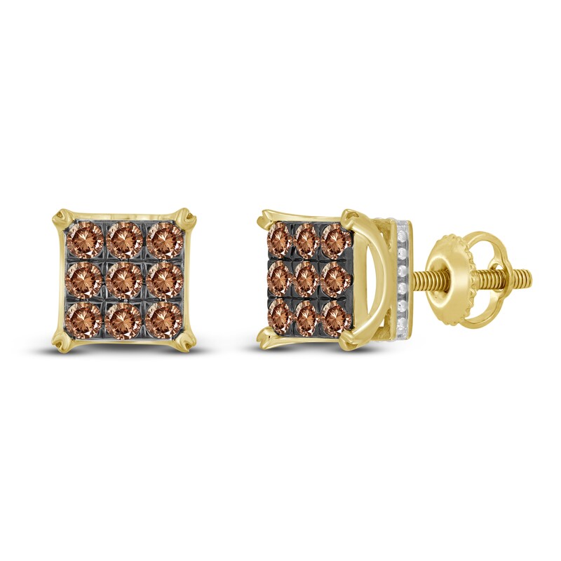 Main Image 2 of The New Fashioned Men's Bourbon-Colored Diamond Stud Earrings 1 ct tw Round 10K Yellow Gold