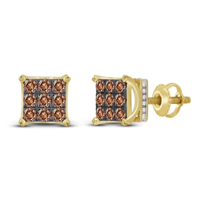 Bourbon-Colored Diamonds Men's Brown Diamond Stud Earrings 1 ct tw Round 10K Yellow Gold