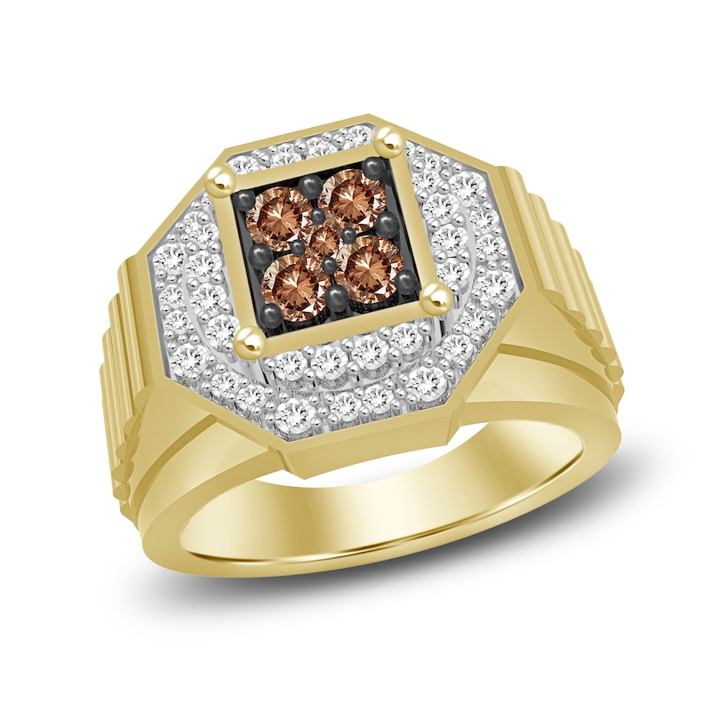 Main Image 1 of The New Fashioned Men's Bourbon-Colored & White Diamond Ring 3/4 ct tw Round 10K Yellow Gold