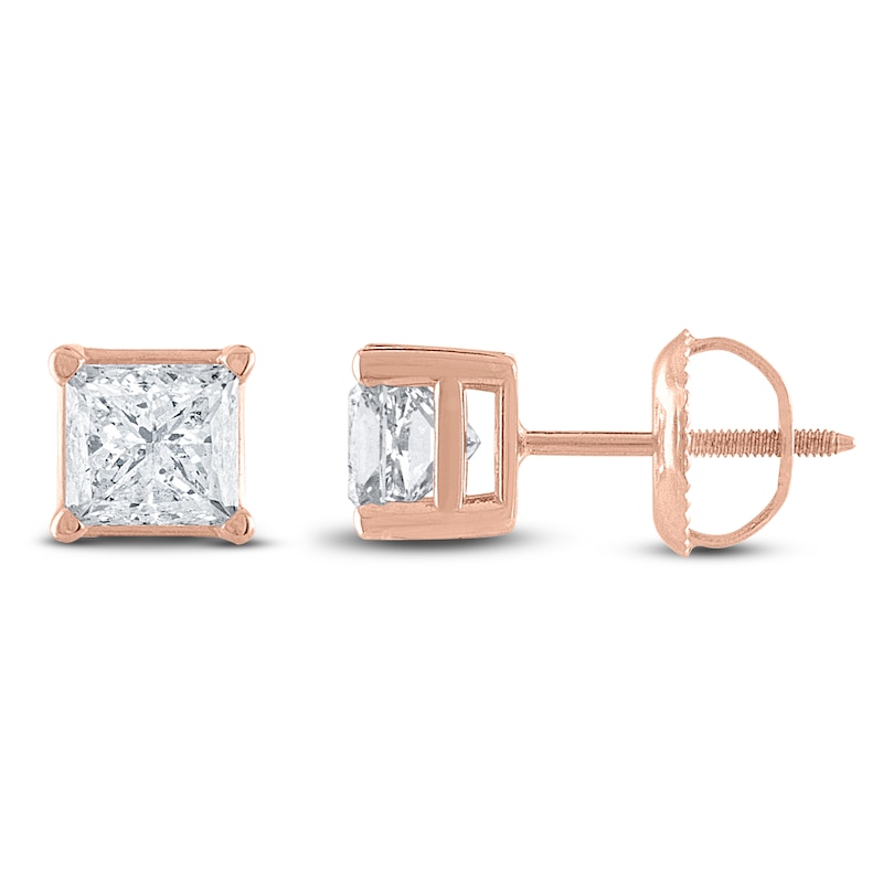 Main Image 1 of Certified Princess-Cut Diamond Solitaire Stud Earrings 1/4 ct tw 14K Rose Gold (I/I1)