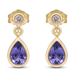 Pear-Shaped Natural Tanzanite & Diamond Bezel Dangle Earrings 1/15 ct tw 10K Yellow Gold